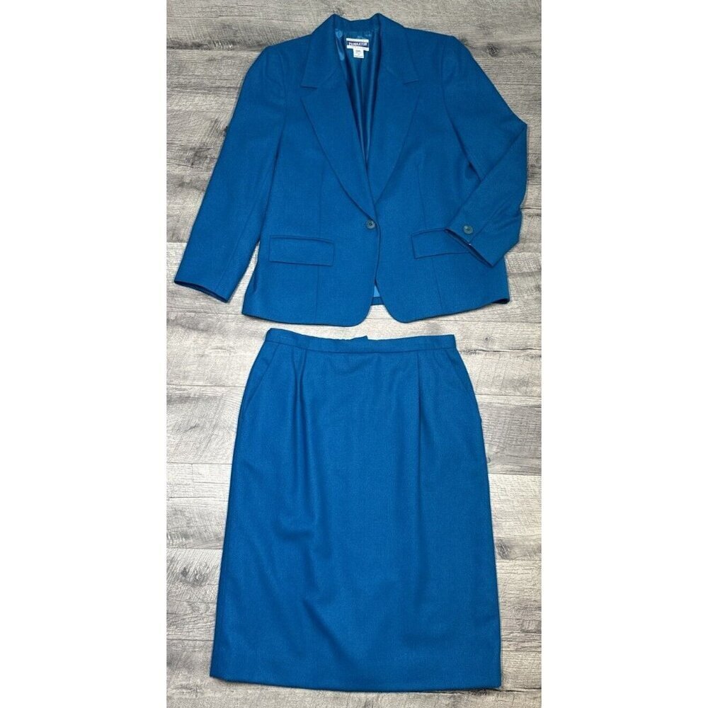 Vintage Pendleton Skirt Suit Petite Size 14 Blazer‎ Virgin Wool Set 90s Blue USA